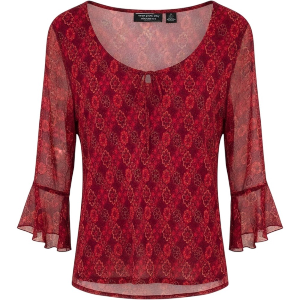 VTG 90s Y2K Womens Top XL Red Silk Floral Sheer Bell Feminine Fairy Whimsigoth